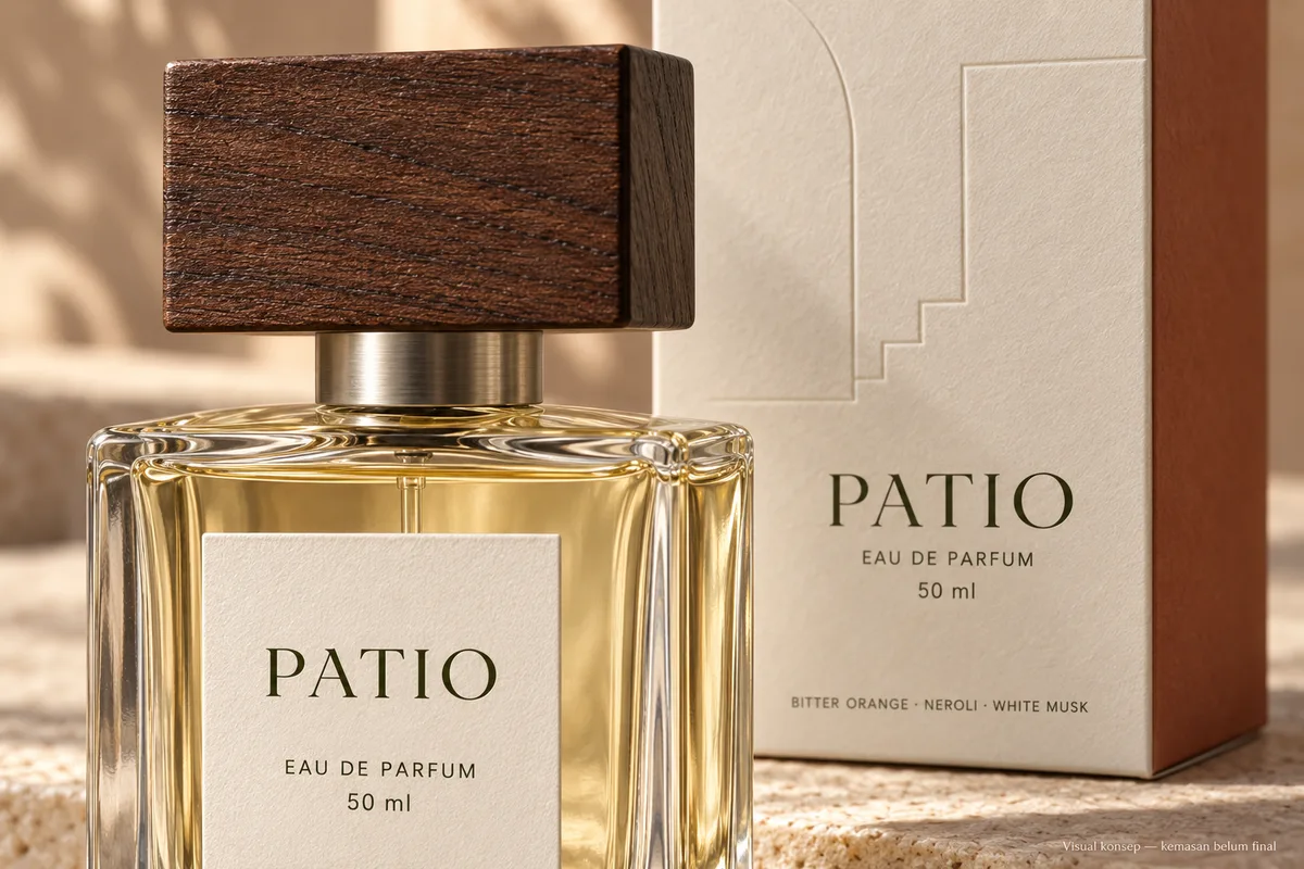 Detail konsep botol PATIO dan tekstur kotaknya
