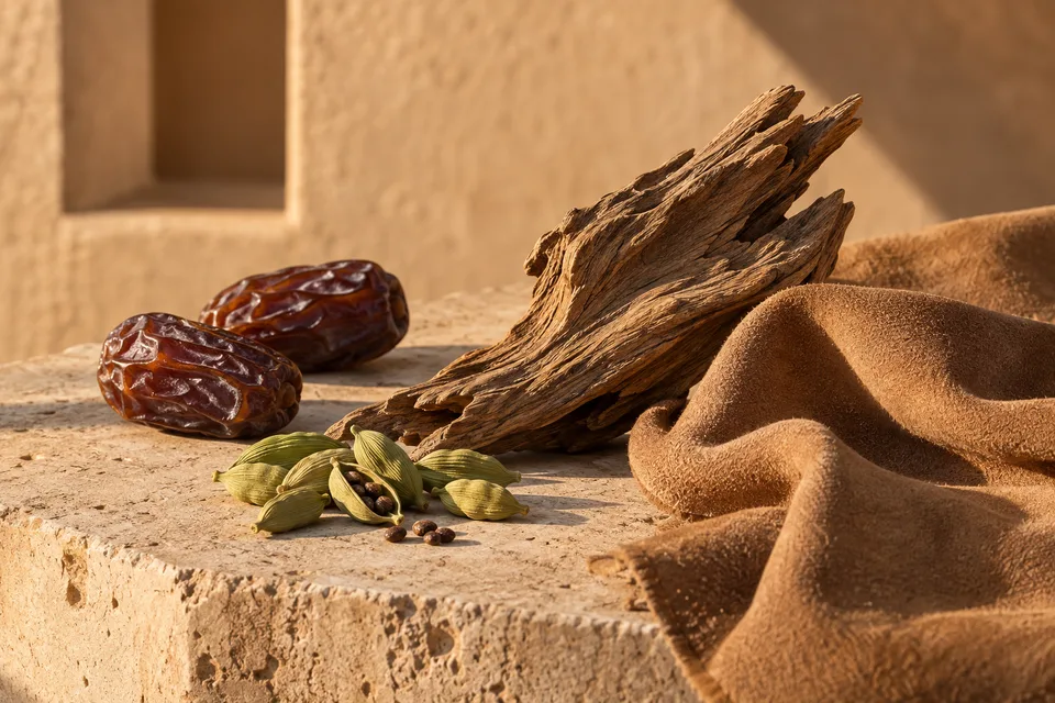 Studi bahan: kapulaga, kurma, kayu kering, dan tekstur suede